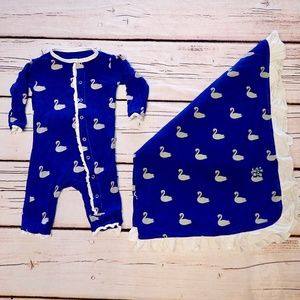 GUC Swan print Kickee Pants Bamboo Ruffle Romper and matching stroller blanket
